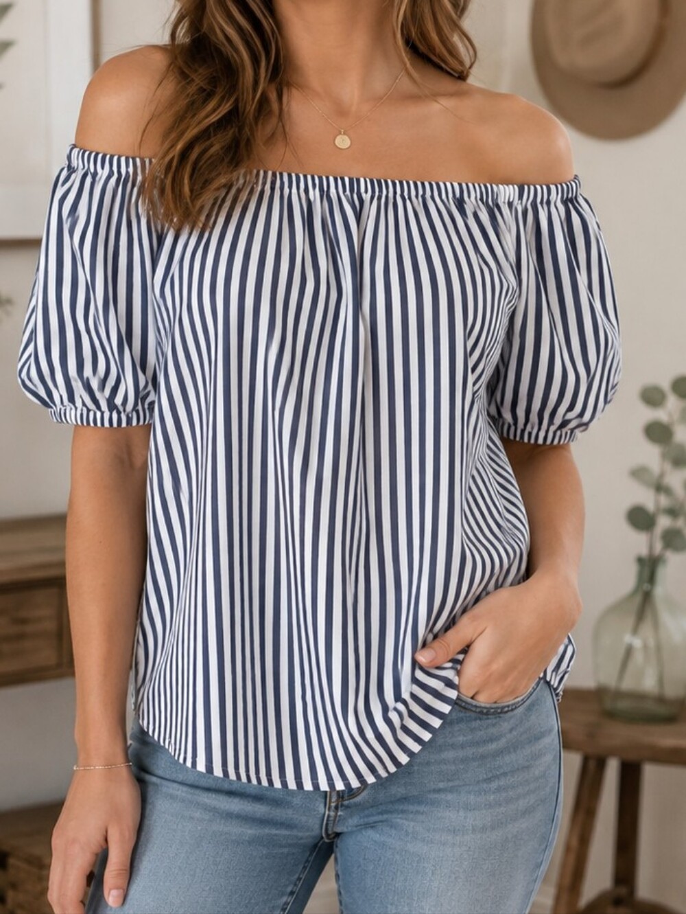 Size 0 chico's black and white pinstripe off-the-shoulder blouse